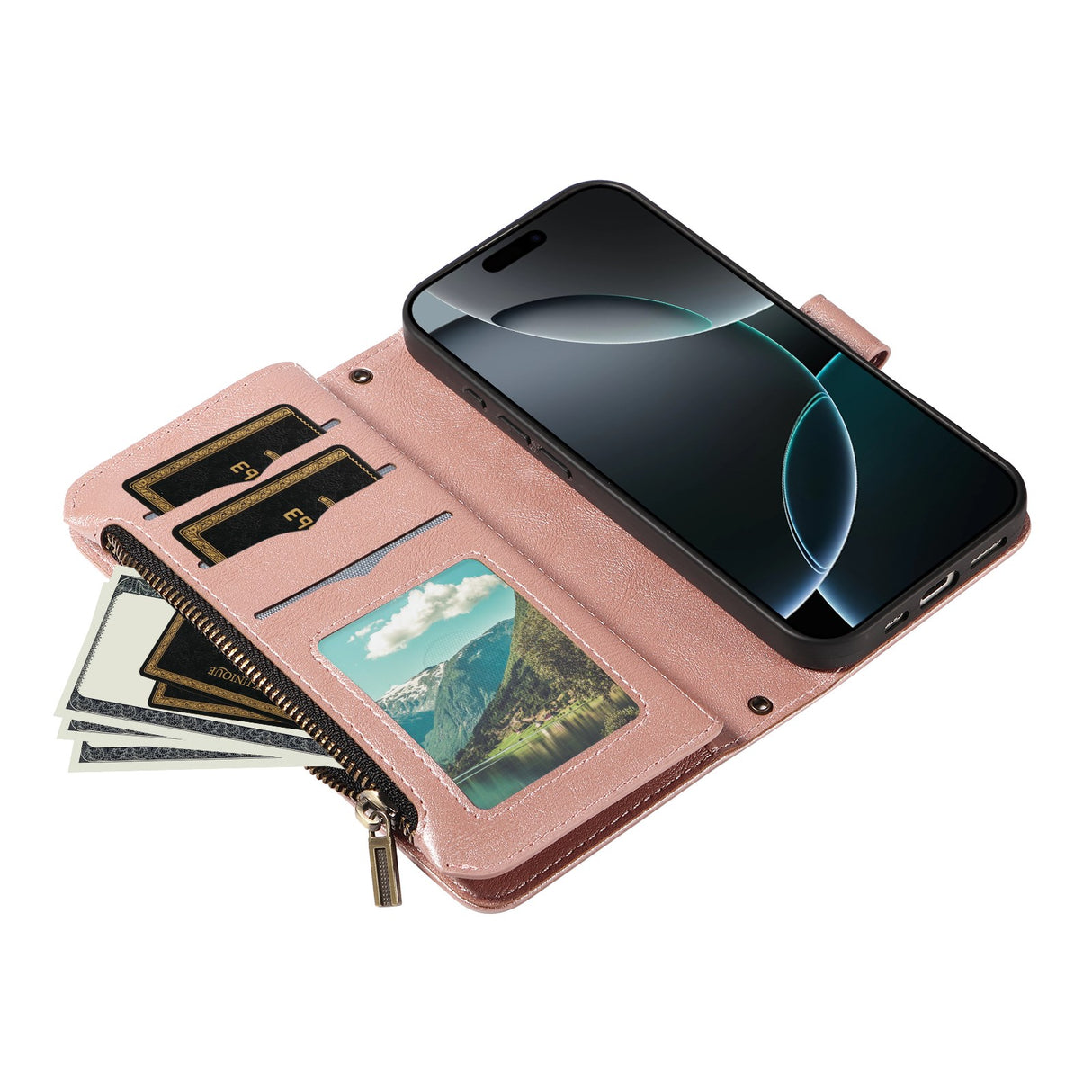 iPhone 17 EIDERWOOD Flipcase m. 9 x Kortholder / Lynlåslomme / RFDI-Blokering / Rem - Rose Gold