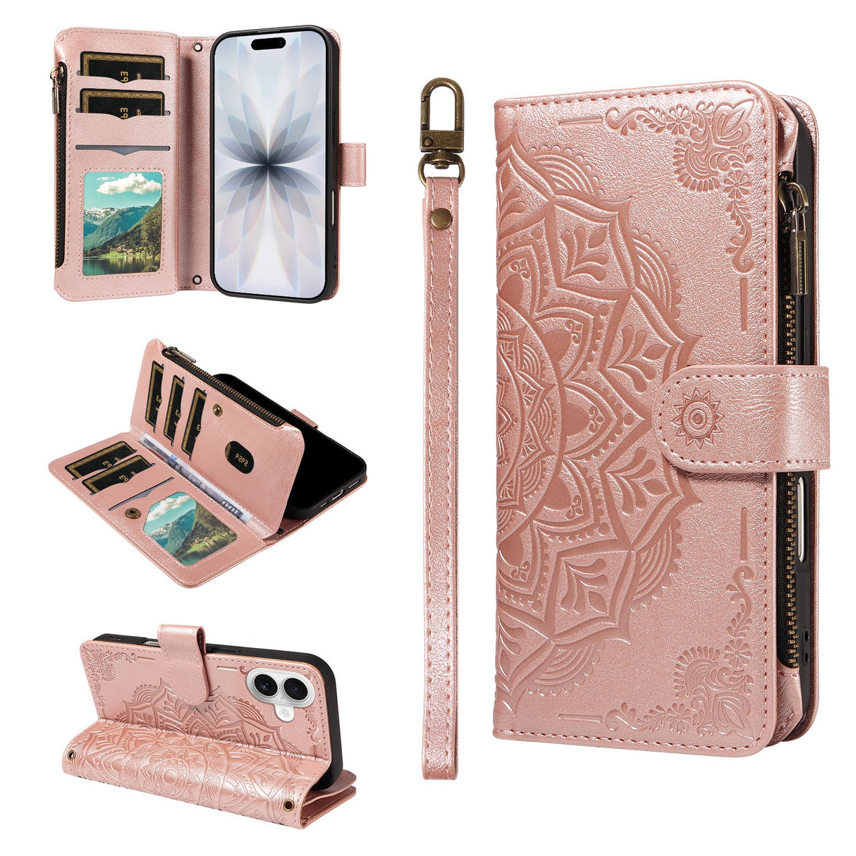iPhone 17 EIDERWOOD Flipcase m. 9 x Kortholder / Lynlåslomme / RFDI-Blokering / Rem - Rose Gold