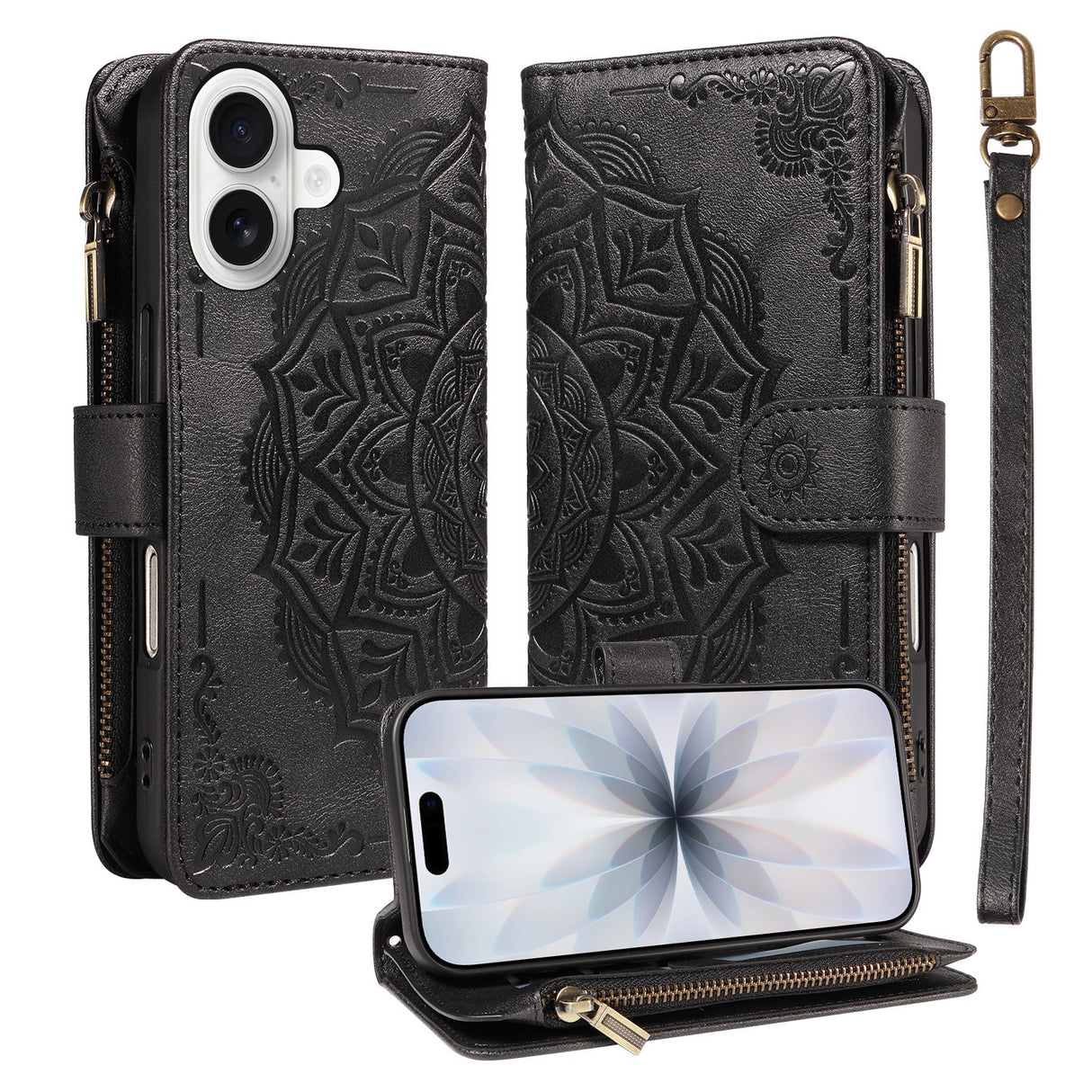 iPhone 17 EIDERWOOD Flipcase m. 9 x Kortholder / Lynlåslomme / RFDI-Blokering / Rem - Sort