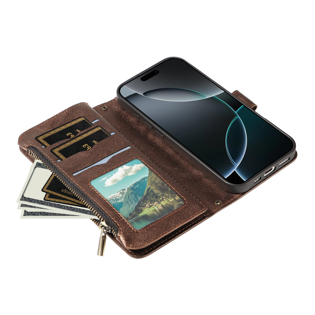 iPhone 17 EIDERWOOD Flipcase m. 9 x Kortholder / Lynlåslomme / RFDI-Blokering / Rem - Brun