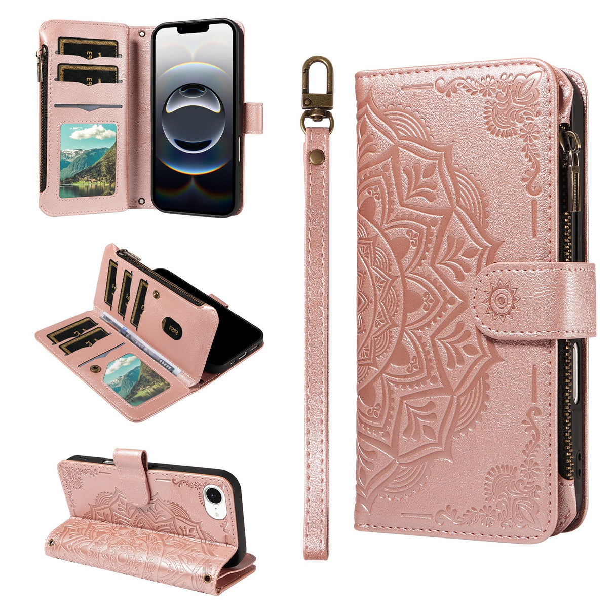 iPhone 17e / 16e EIDERWOOD Flipcase m. 9 x Kortholder / Lynlåslomme / RFDI-Blokering / Rem - Rose Gold