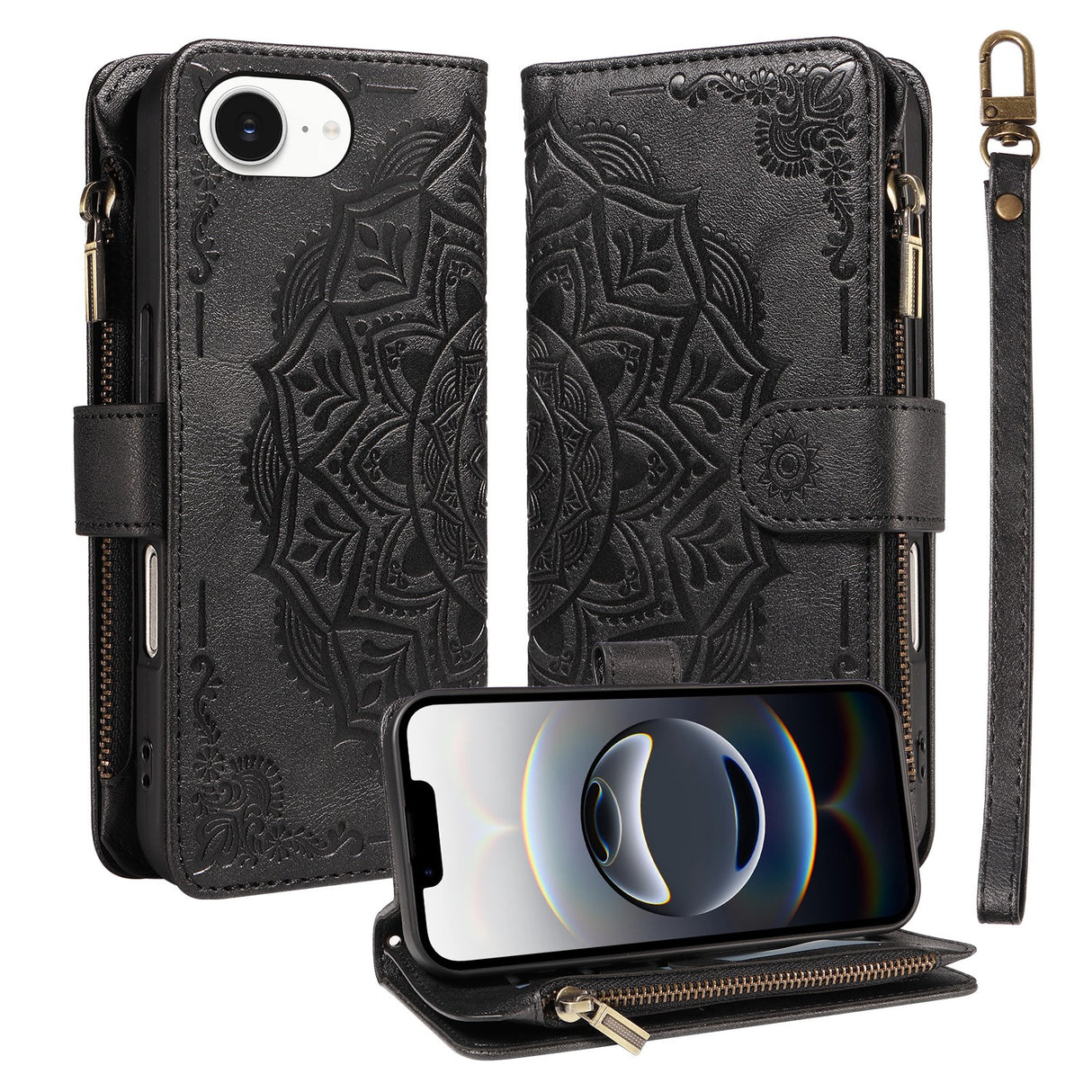 iPhone 17e / 16e EIDERWOOD Flipcase m. 9 x Kortholder / Lynlåslomme / RFDI-Blokering / Rem - Sort