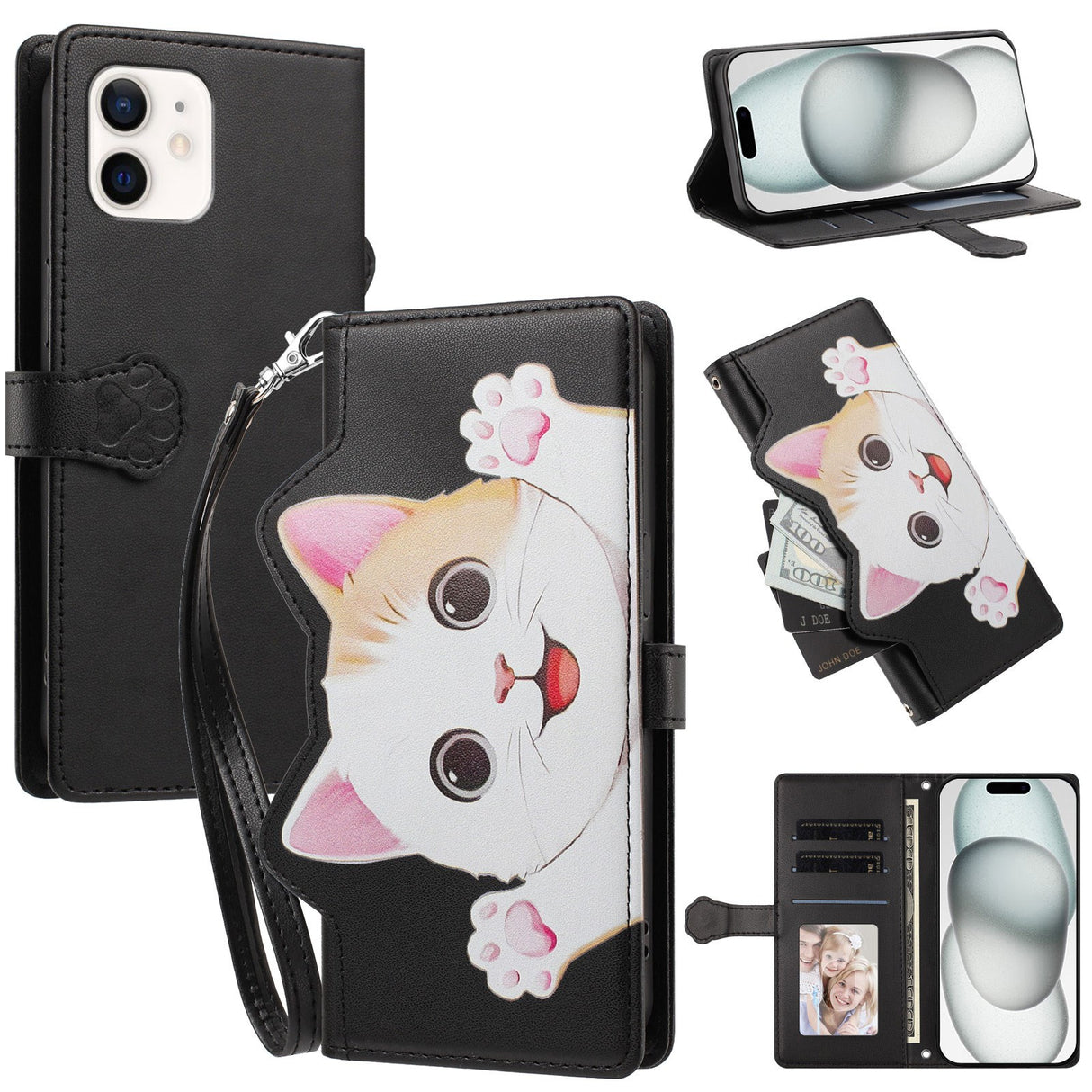 iPhone 12 / 12 Pro Flip Cover - 3D Katteører - Kortholder - Ståfunktion - Sort