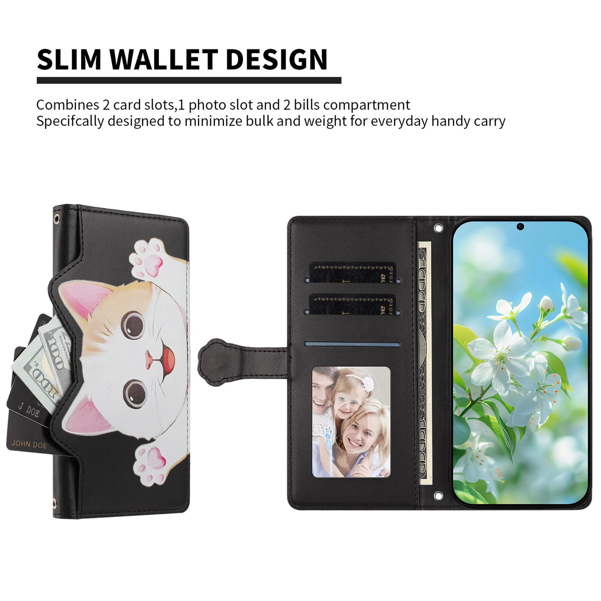 iPhone 12 / 12 Pro Flip Cover - 3D Katteører - Kortholder - Ståfunktion - Sort