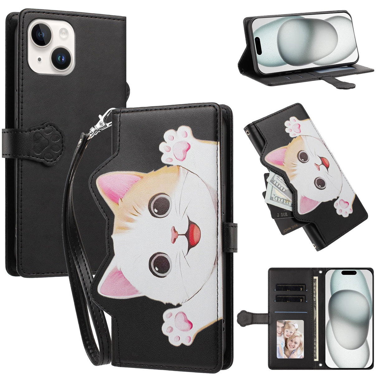 iPhone 14 / 13 Flip Cover - 3D Katteører - Kortholder - Ståfunktion - Sort