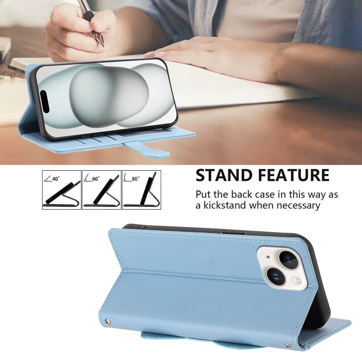 iPhone 14 / 13 Flip Cover - 3D Katteører - Kortholder - Ståfunktion - Blå