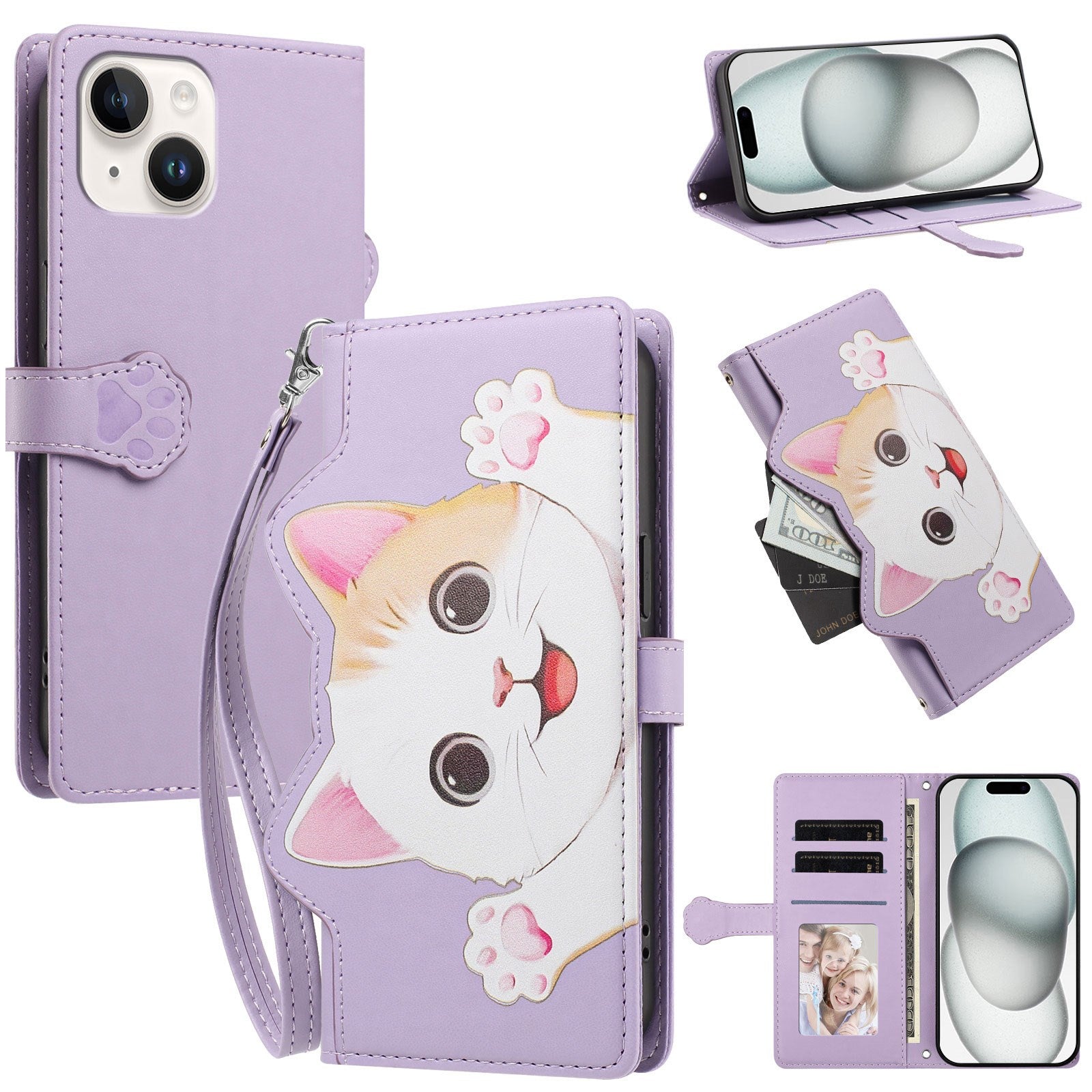 iPhone 14 / 13 Flip Cover - 3D Katteører - Kortholder - Ståfunktion - Lilla