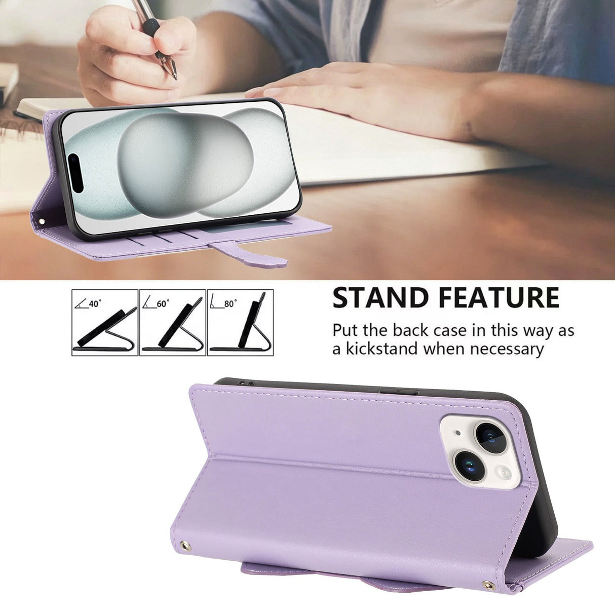 iPhone 14 / 13 Flip Cover - 3D Katteører - Kortholder - Ståfunktion - Lilla