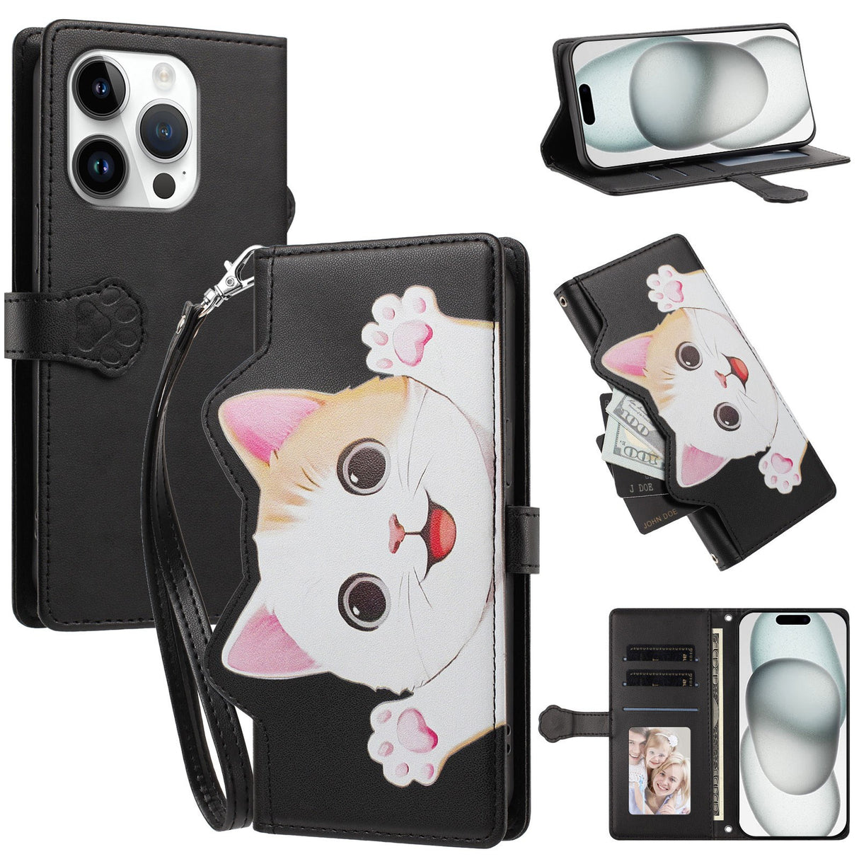 iPhone 16 Pro Flip Cover - 3D Katteører - Kortholder - Ståfunktion - Sort