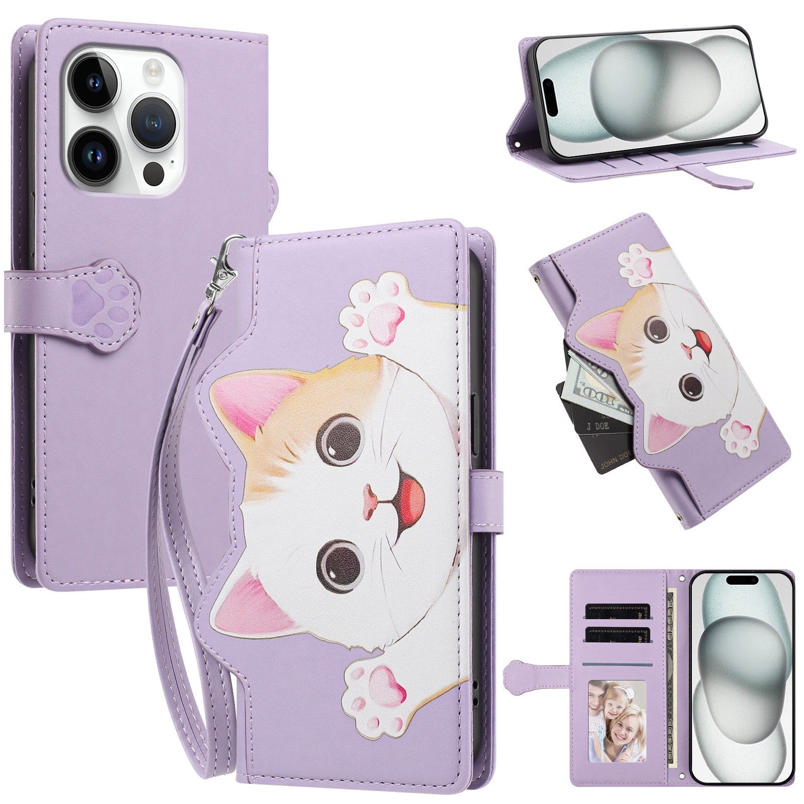 iPhone 16 Pro Flip Cover - 3D Katteører - Kortholder - Ståfunktion - Lilla