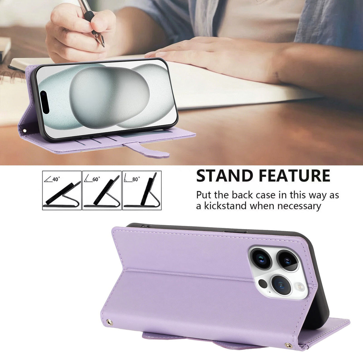 iPhone 16 Pro Flip Cover - 3D Katteører - Kortholder - Ståfunktion - Lilla