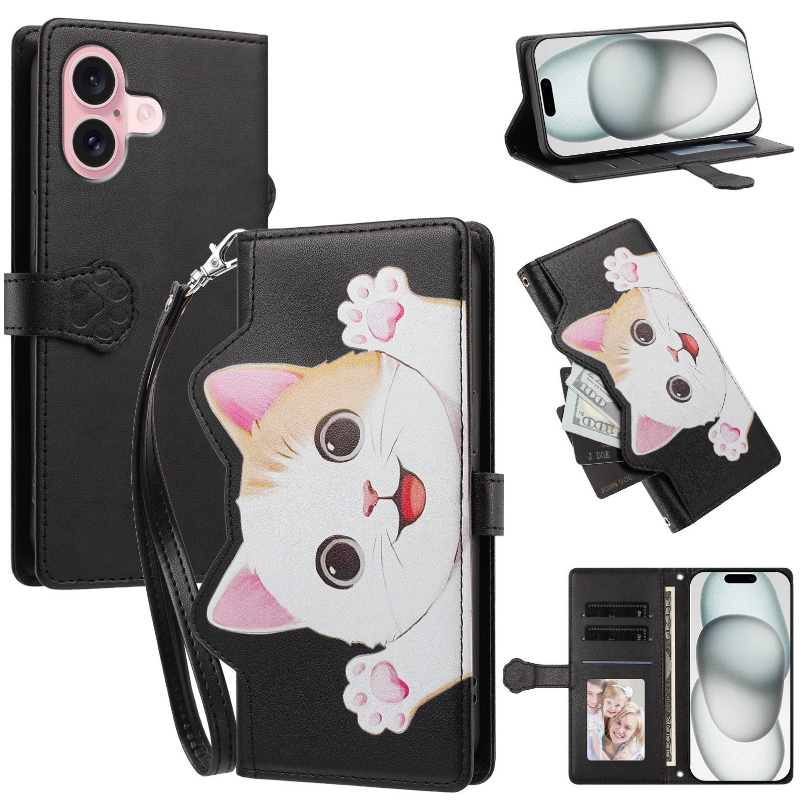 iPhone 16 Flip Cover - 3D Katteører - Kortholder - Ståfunktion - Sort
