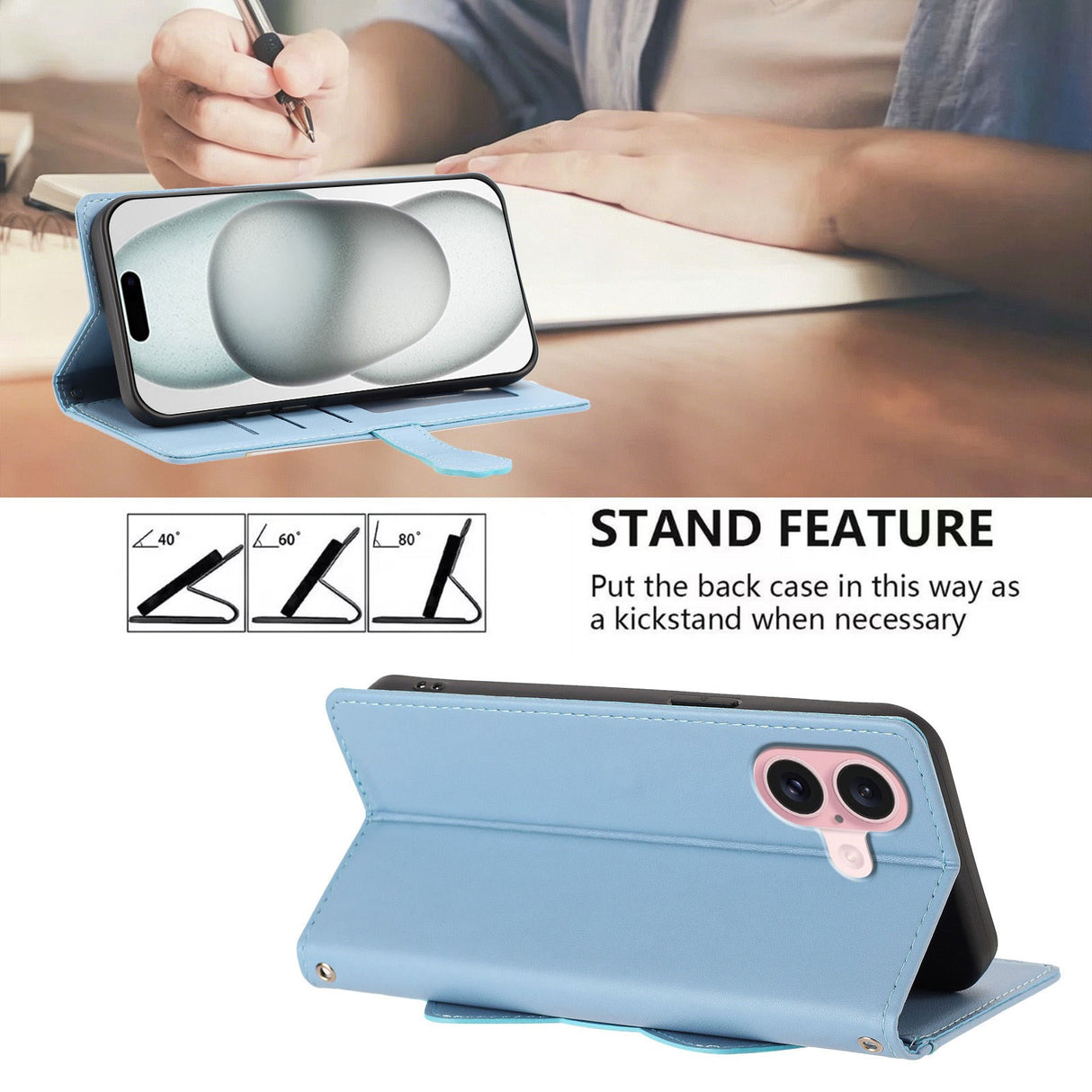 iPhone 16 Flip Cover - 3D Katteører - Kortholder - Ståfunktion - Blå