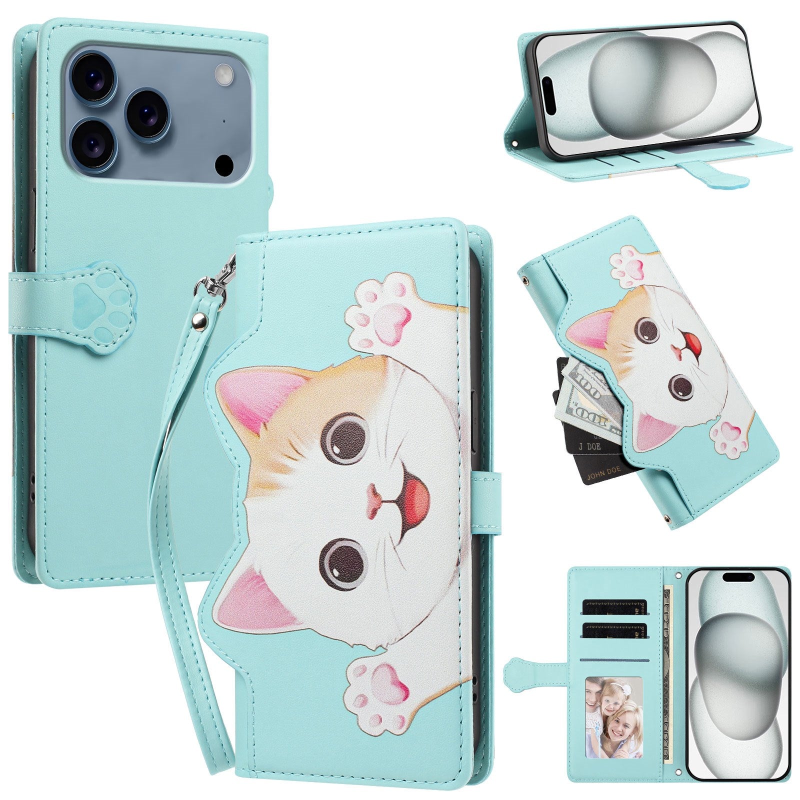 iPhone 18 Pro Max / 17 Pro Max Flip Cover - 3D Katteører - Kortholder - Ståfunktion - Turkis
