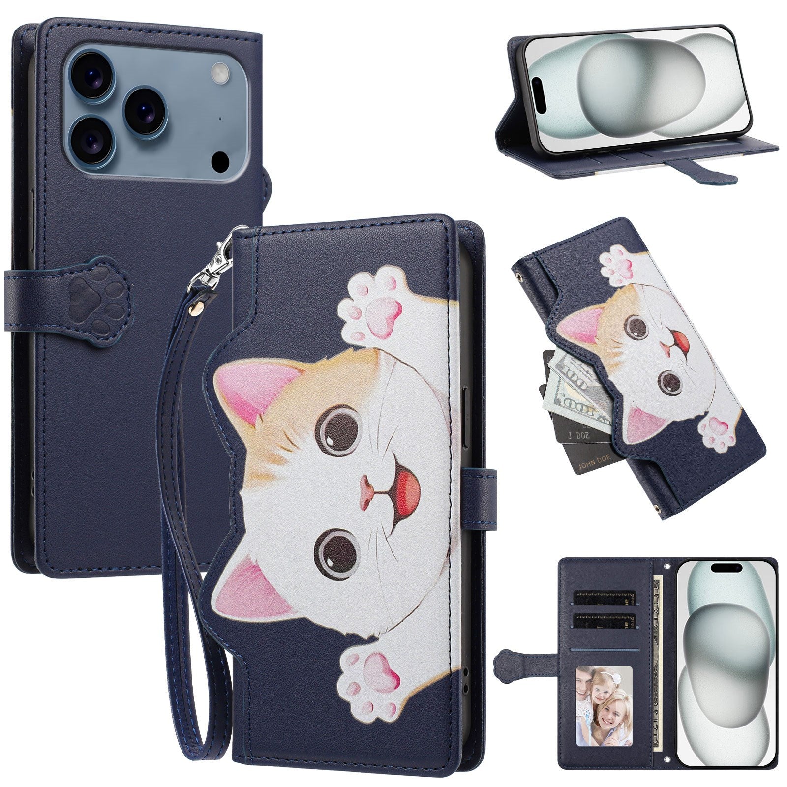 iPhone 18 Pro Max / 17 Pro Max Flip Cover - 3D Katteører - Kortholder - Ståfunktion - Mørkeblå
