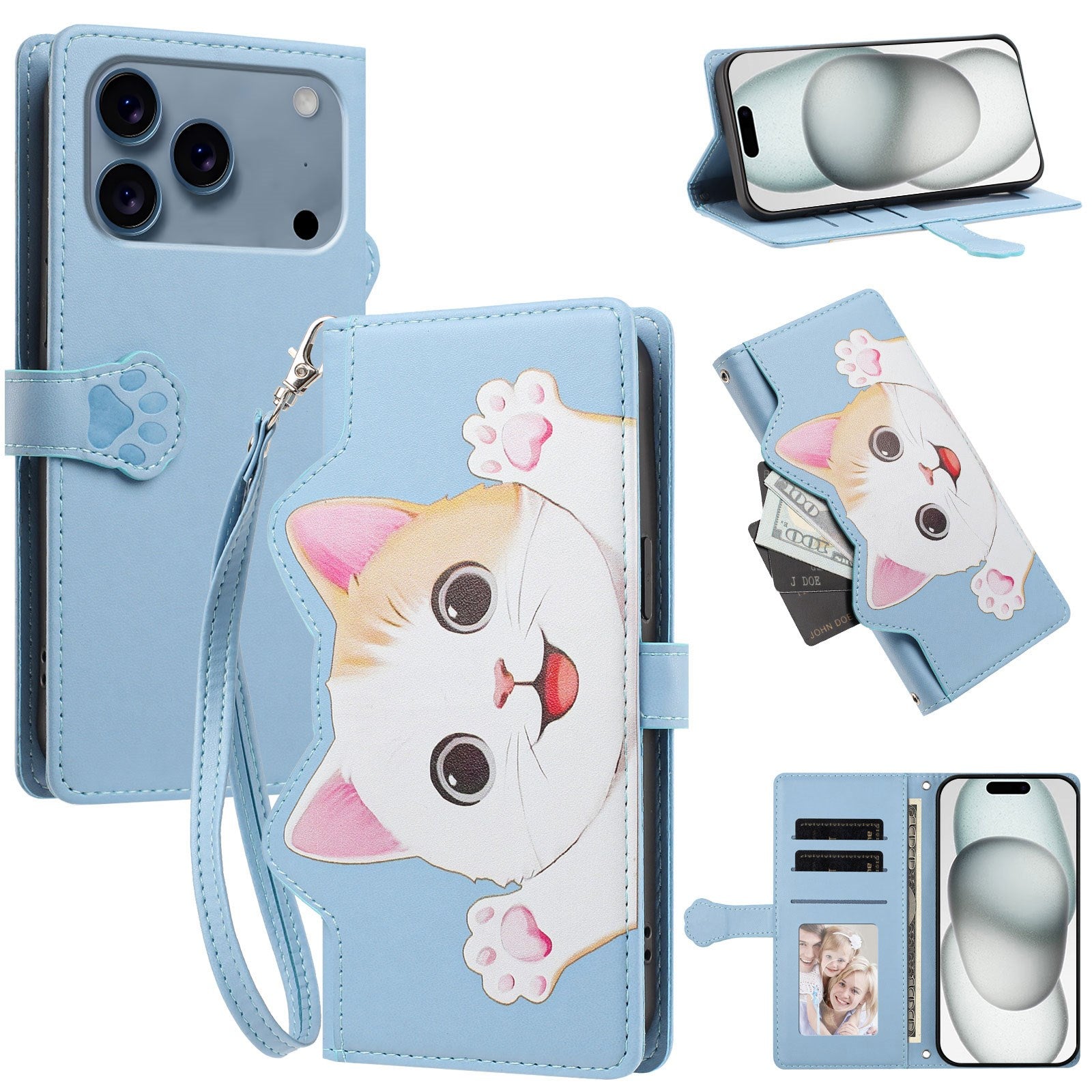 iPhone 18 Pro / 17 Pro Flip Cover - 3D Katteører - Kortholder - Ståfunktion - Blå