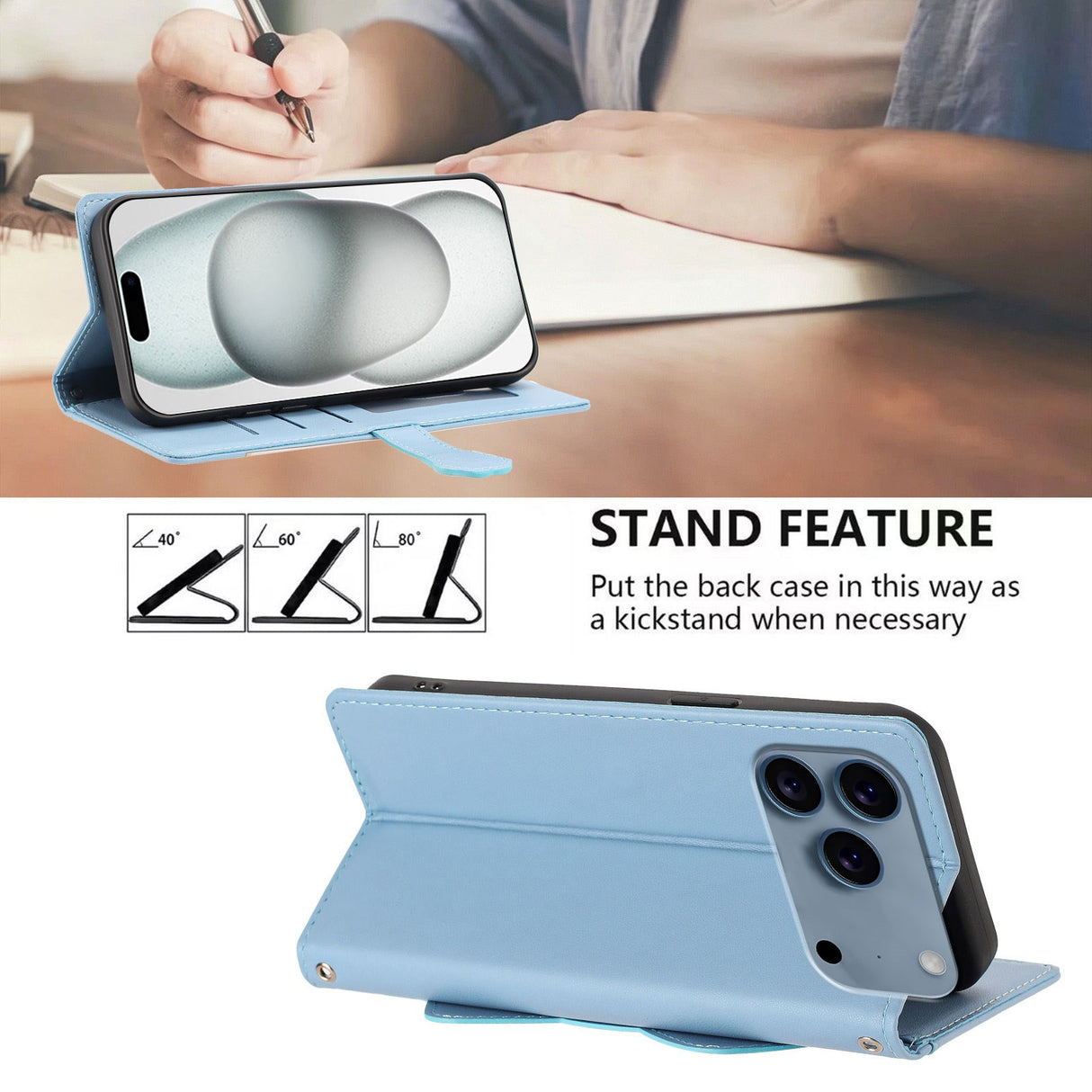iPhone 18 Pro / 17 Pro Flip Cover - 3D Katteører - Kortholder - Ståfunktion - Blå
