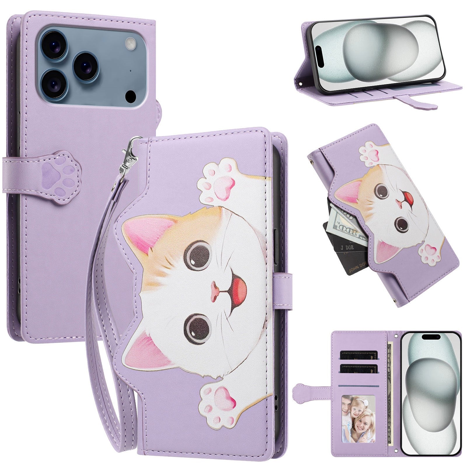 iPhone 18 Pro / 17 Pro Flip Cover - 3D Katteører - Kortholder - Ståfunktion - Lilla