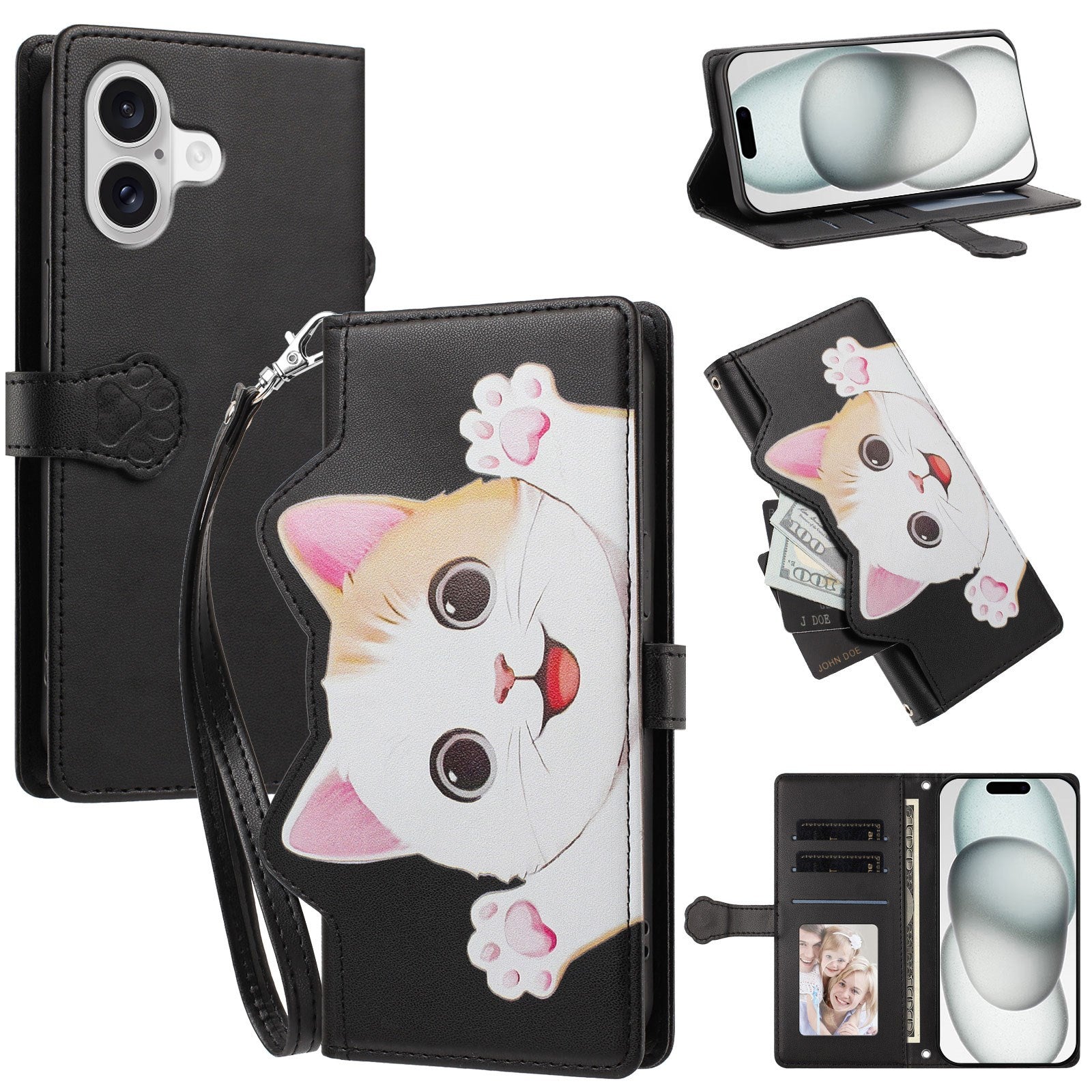 iPhone 18 / 17 Flip Cover - 3D Katteører - Kortholder - Ståfunktion - Sort