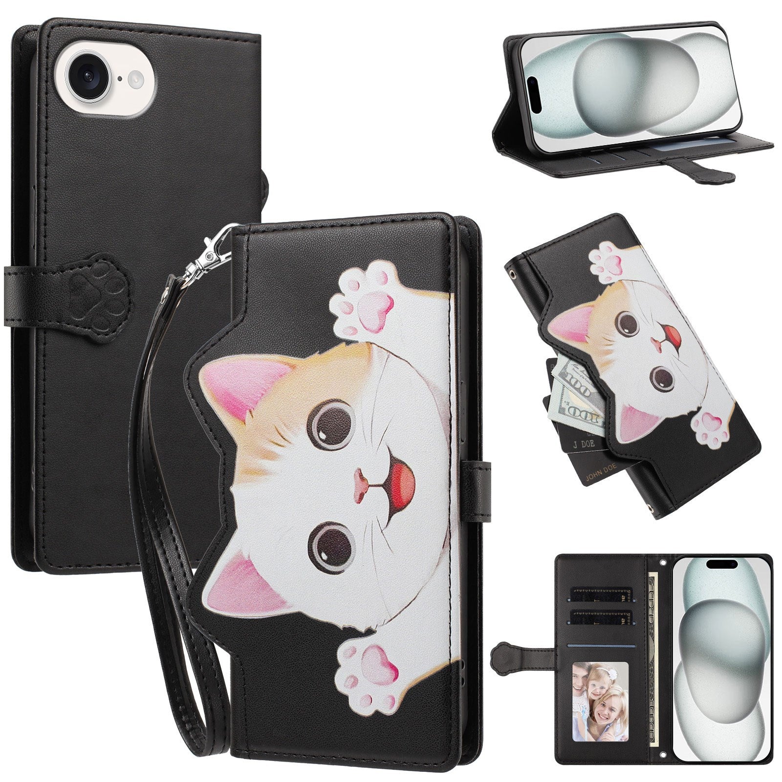 iPhone 17e / 16e Flip Cover - 3D Katteører - Kortholder - Ståfunktion - Sort