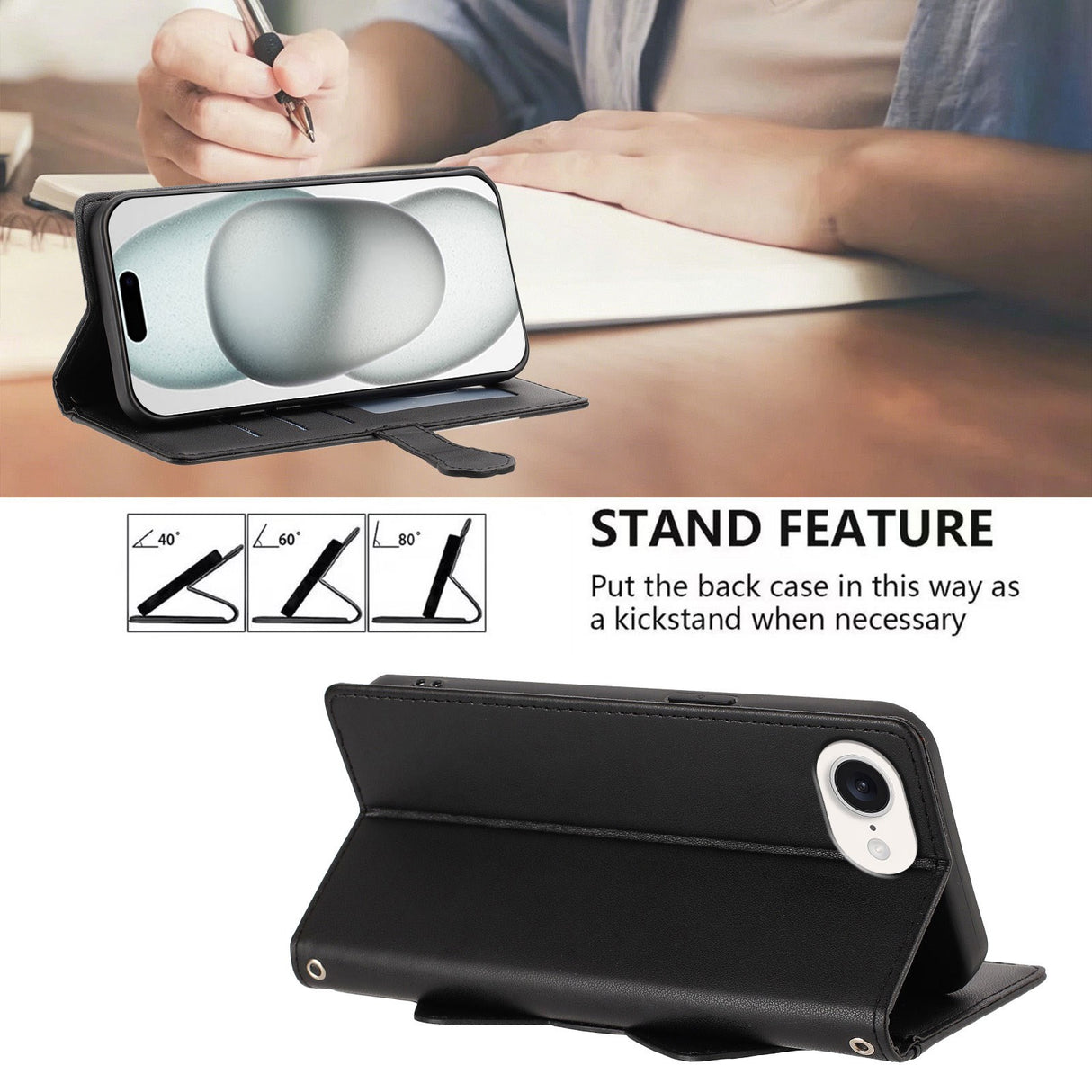 iPhone 17e / 16e Flip Cover - 3D Katteører - Kortholder - Ståfunktion - Sort