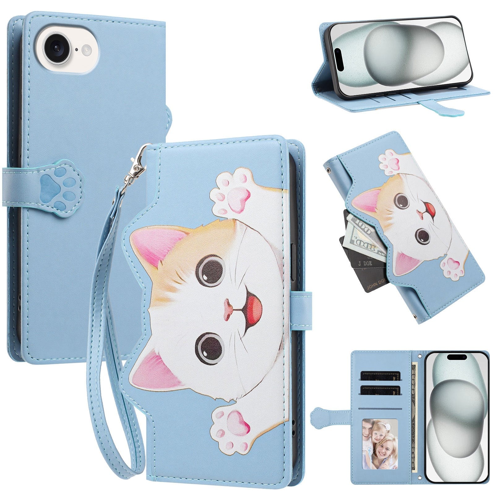 iPhone 17e / 16e Flip Cover - 3D Katteører - Kortholder - Ståfunktion - Blå