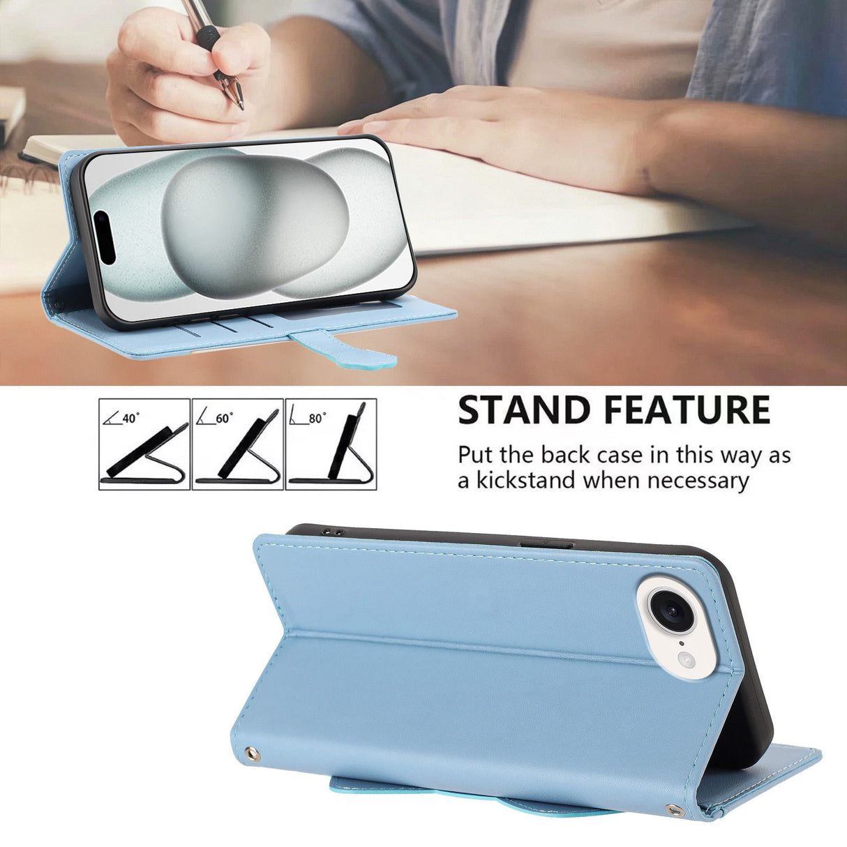 iPhone 17e / 16e Flip Cover - 3D Katteører - Kortholder - Ståfunktion - Blå