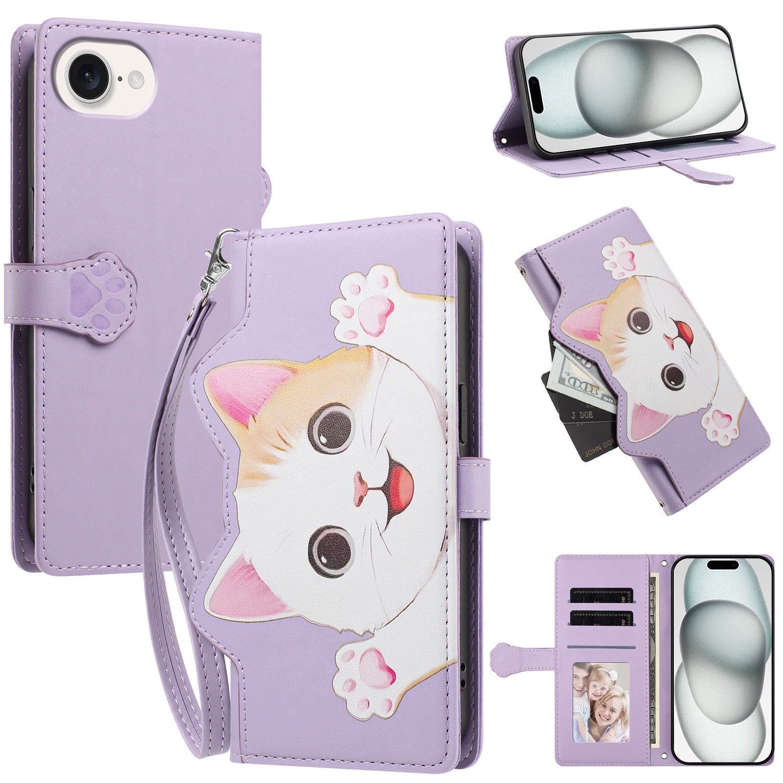 iPhone 17e / 16e Flip Cover - 3D Katteører - Kortholder - Ståfunktion - Lilla