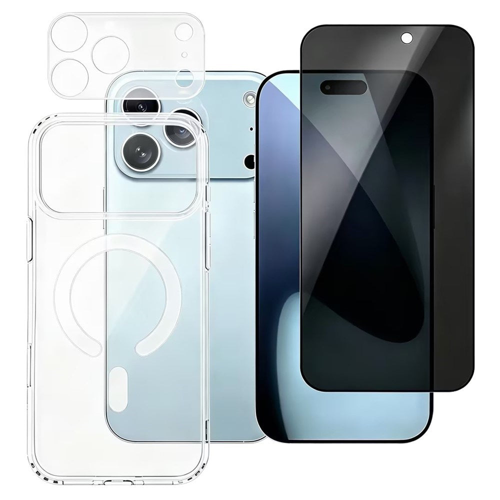 3 i 1 Beskyttelsessæt - iPhone 18 Pro Max - m. Privacy Skærmbeskyttelse | MagSafe Cover | Kameralinsebeskyttelse - Gennemsigtig / Sort