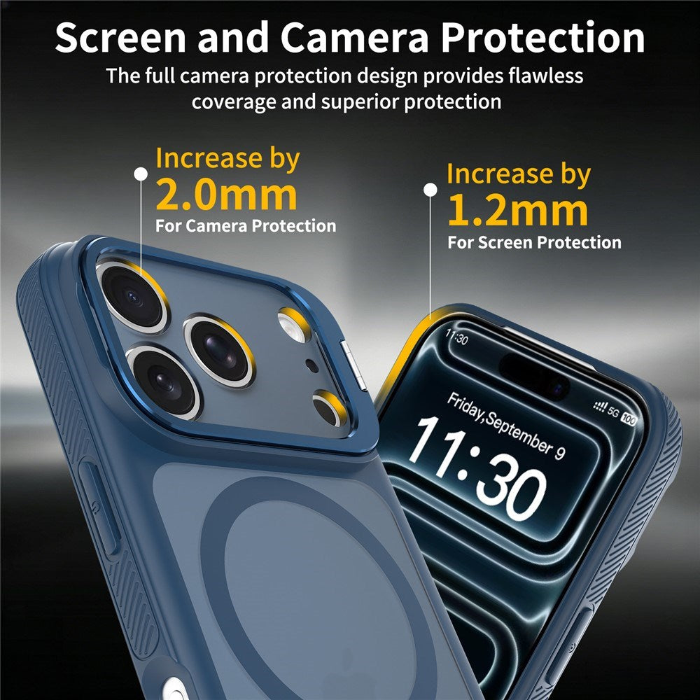 iPhone 18 Pro / 17 Pro Hybrid Plast Bagside Cover m. Stødabsorberende Kanter & Kickstand - MagSafe Kompatibel - Blå