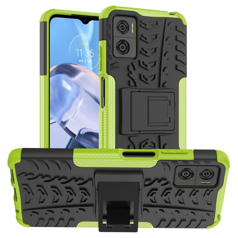 Motorola Moto E22 Cool Tyre Håndværker Bagside Cover m. Stander - Sort / Grøn