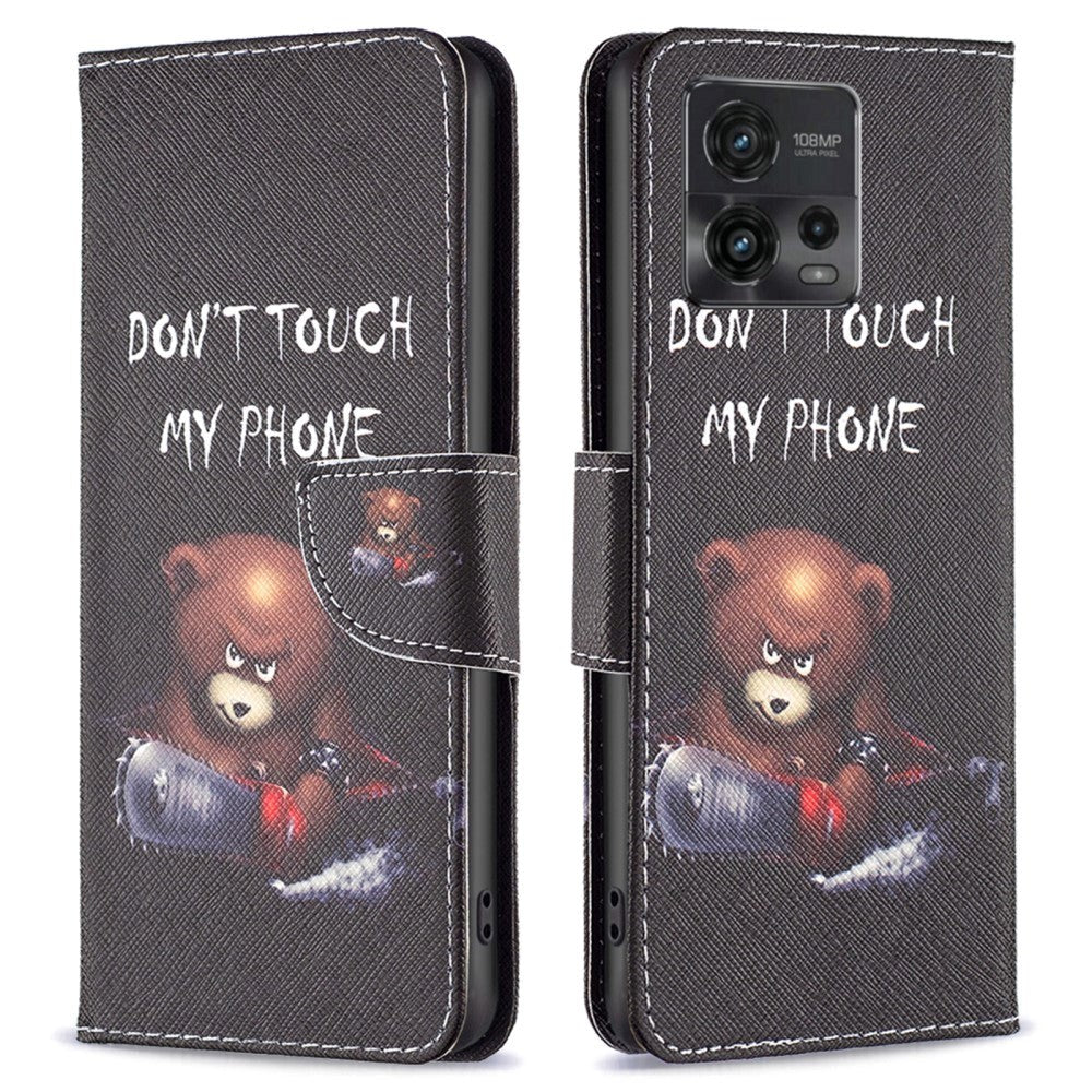 Motorola Moto G72 Læder Flip Cover m. Pung - "DON'T TOUCH MY PHONE" / Bjørn