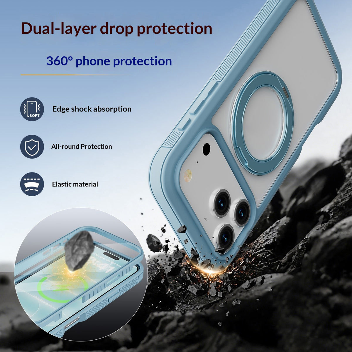EIDERWOOD iPhone 18 Pro Max / 17 Pro Max Mobil Cover m. Skærmbeskyttelse og Kickstand - MagSafe Kompatibel - Blå / Gennemsigtig