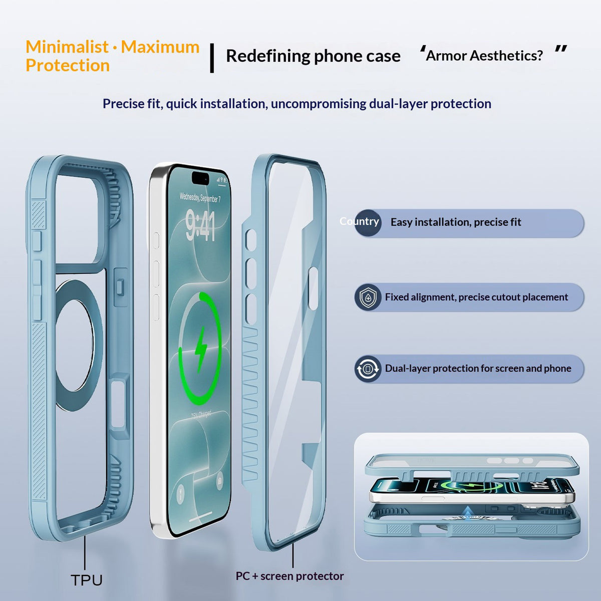 EIDERWOOD iPhone 18 Pro Max / 17 Pro Max Mobil Cover m. Skærmbeskyttelse og Kickstand - MagSafe Kompatibel - Blå / Gennemsigtig