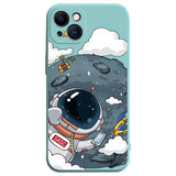 iPhone 14 Fleksibel Bagside Cover af Plastik m. Print - Astronaut På Månen / Turkis