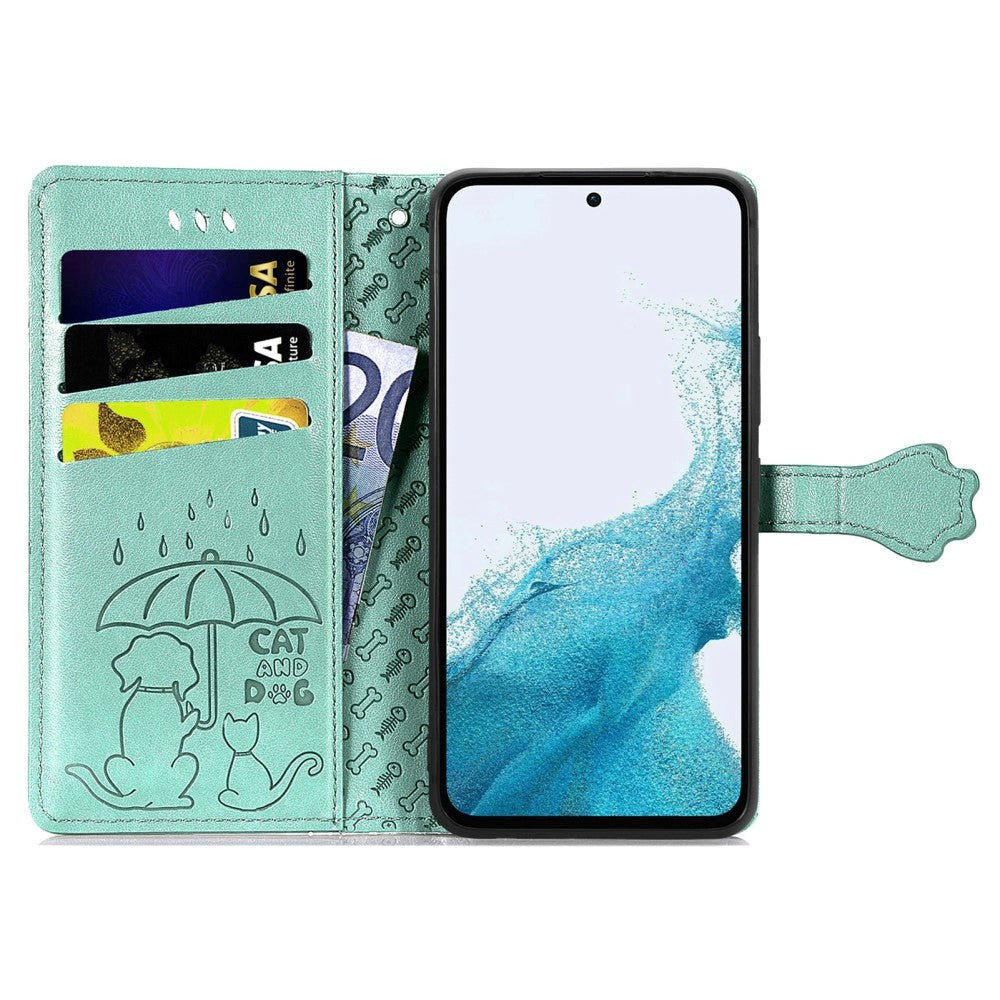 Samsung Galaxy A54 (5G) Læder Flip Cover m. Pung og Strop - Hunde & Katte - Grøn