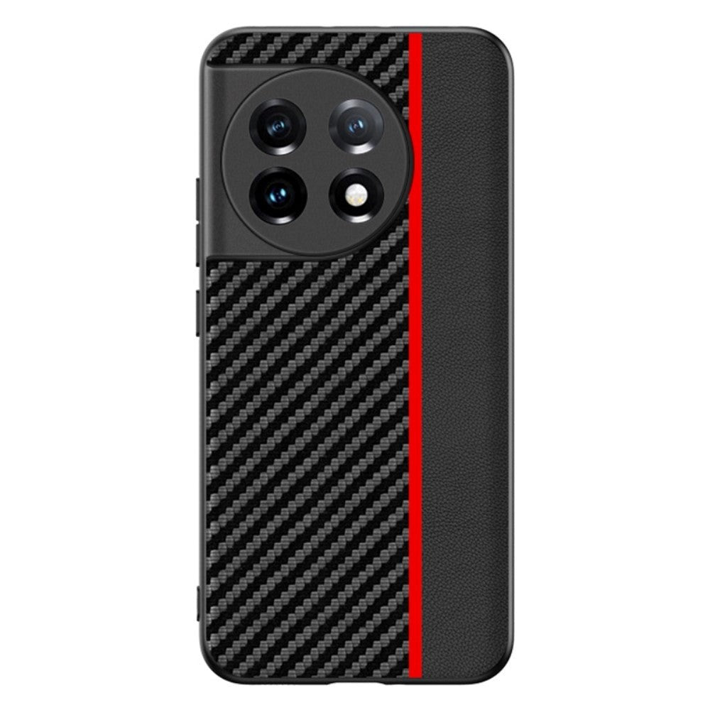 One Plus 11 TPU Carbon & Imiteret Læder Cover - Sort / Rød