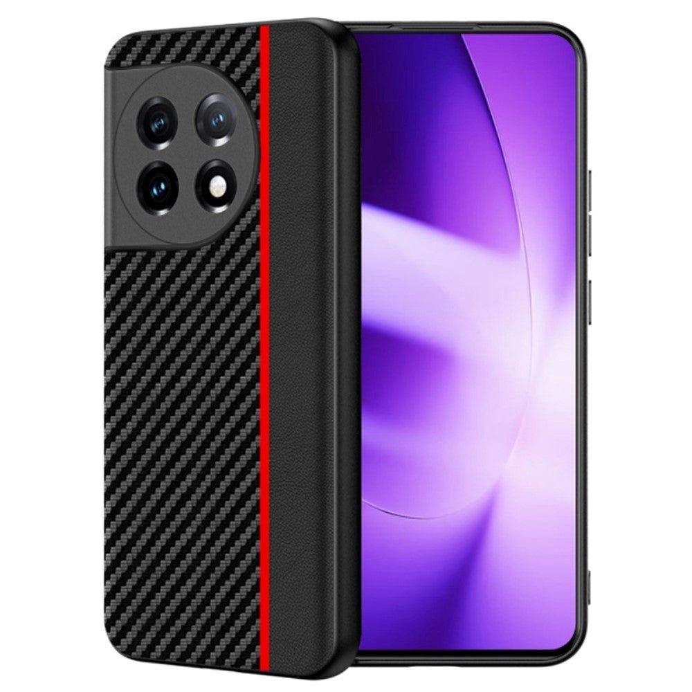 One Plus 11 TPU Carbon & Imiteret Læder Cover - Sort / Rød