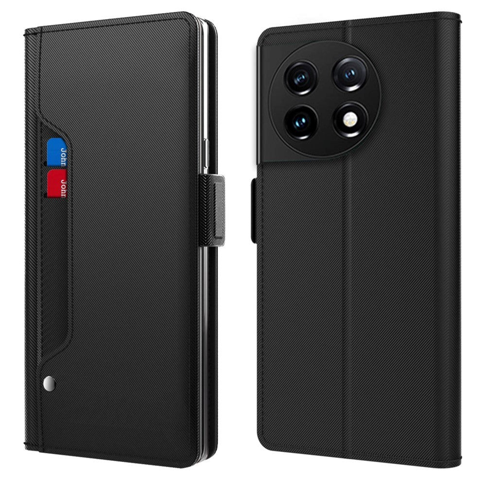 OnePlus 11 Læder Flip Cover m. Ståfunktion & Indbygget Spejl - Sort