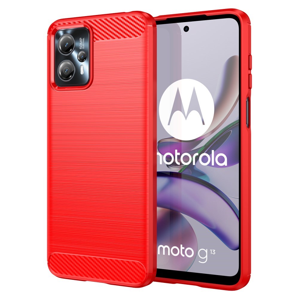 Motorola Moto G13 / G23 Brushed Carbon Fiber Bagside Cover - Rød