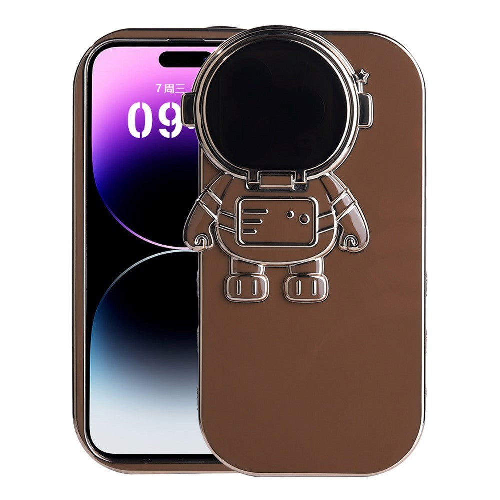 iPhone 14 Pro Fleksibel Plastik Bagside Cover m. 3D Astronaut Figur og Kamera Beskyttelse - Brun / Guld