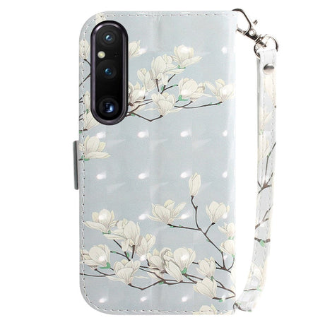 Sony Xperia 1 V Læder Flip Cover m. Print - Magnolia Blomster