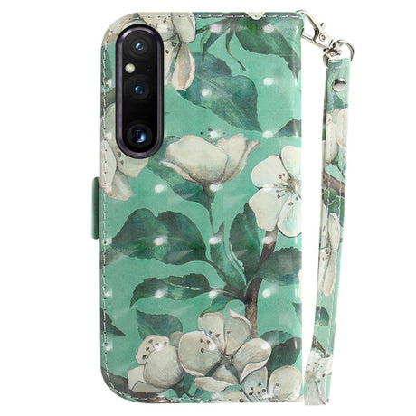 Sony Xperia 1 V Læder Flip Cover m. Print - Hvide Blomster