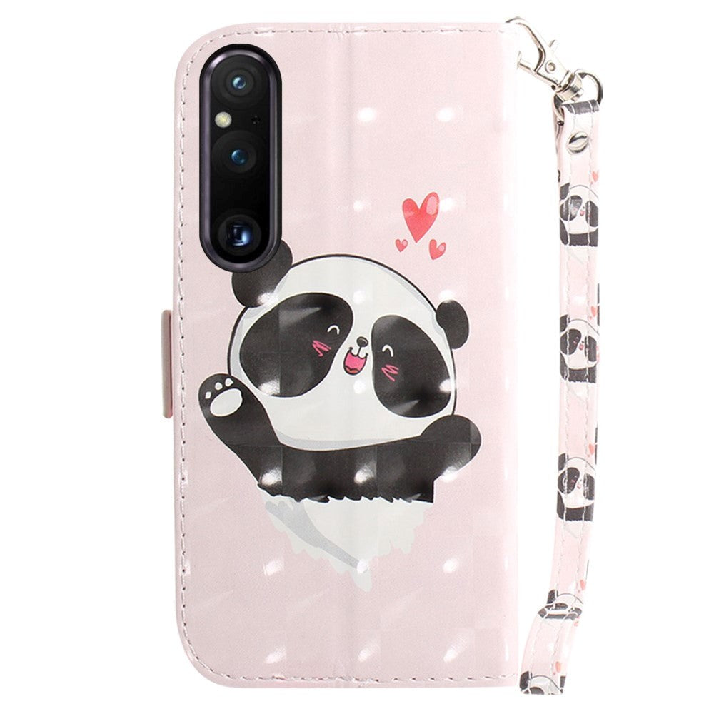 Sony Xperia 1 V Læder Flip Cover m. Print - Glad Panda