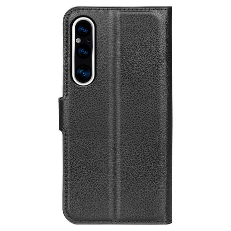 Sony Xperia 1 V Litchi Læder Flip Cover m. Pung - Sort