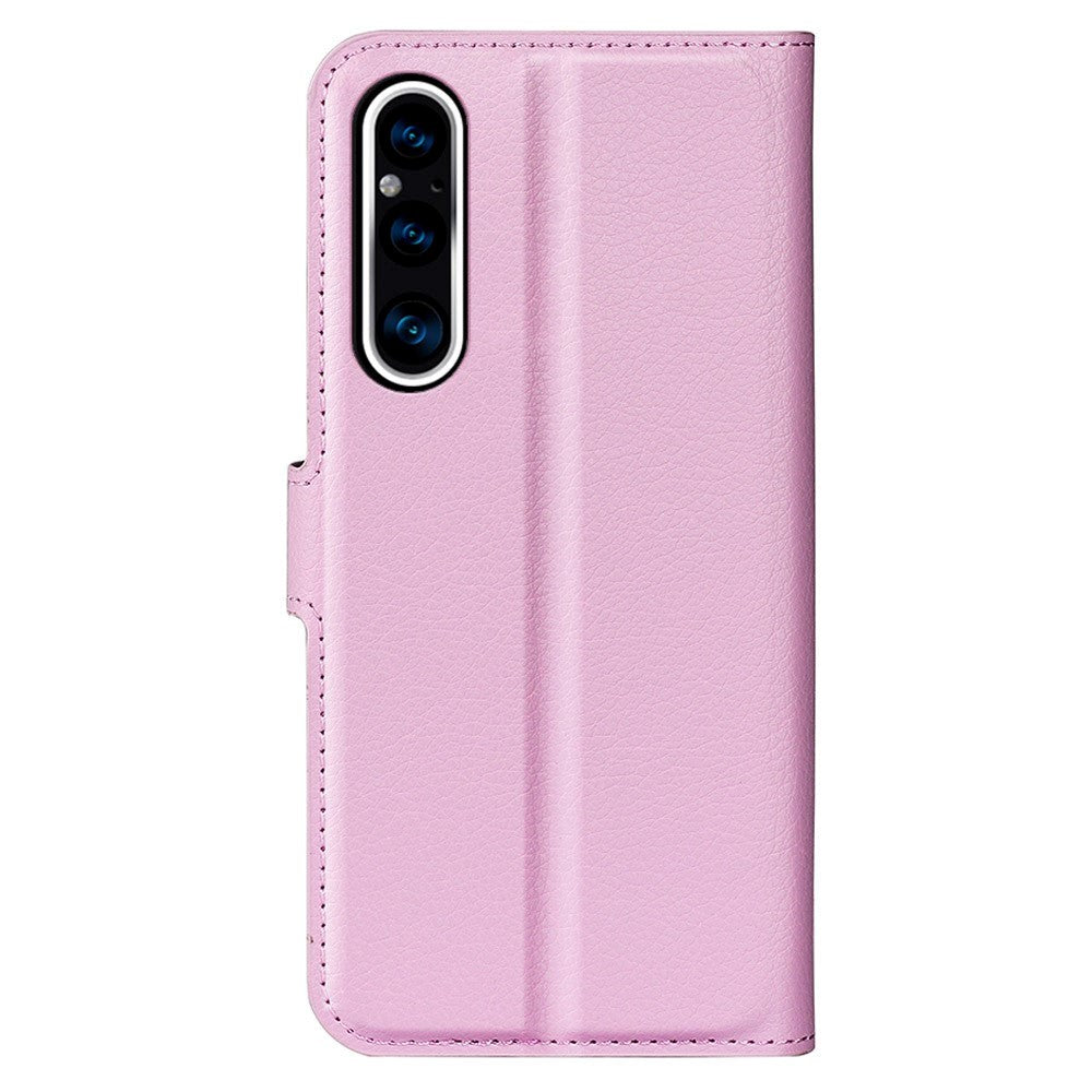 Sony Xperia 1 V Litchi Læder Flip Cover m. Pung - Lyserød