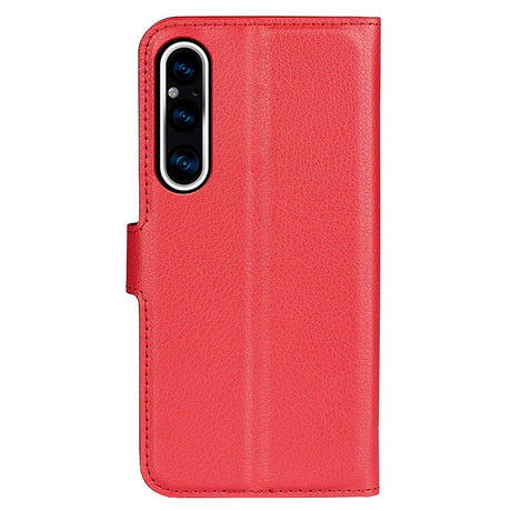 Sony Xperia 1 V Litchi Læder Flip Cover m. Pung - Rød