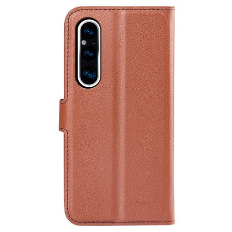 Sony Xperia 1 V Litchi Læder Flip Cover m. Pung - Brun