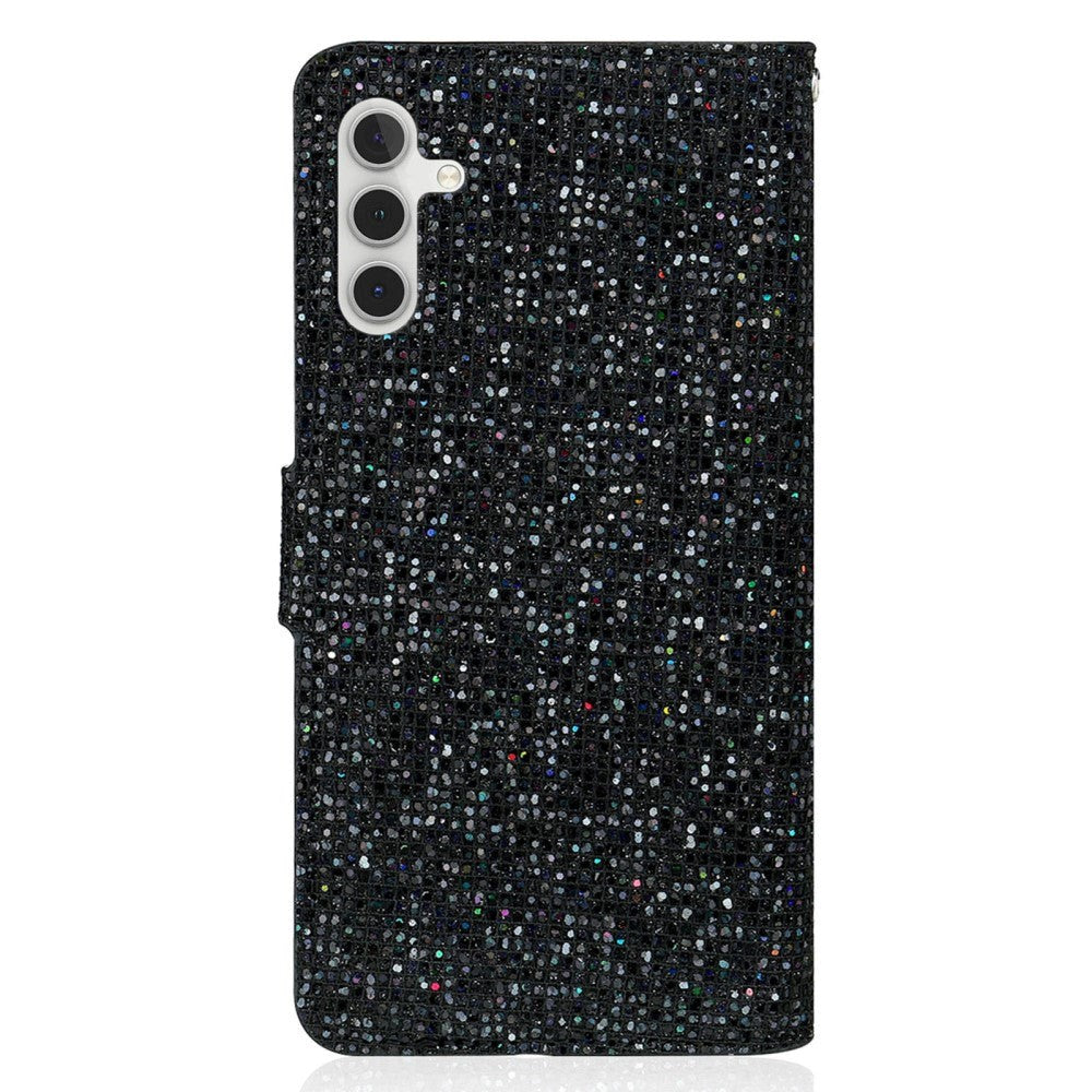 Samsung Galaxy A24 Læder Flip Cover m. Pung & Strop - Glitter Design - Sort