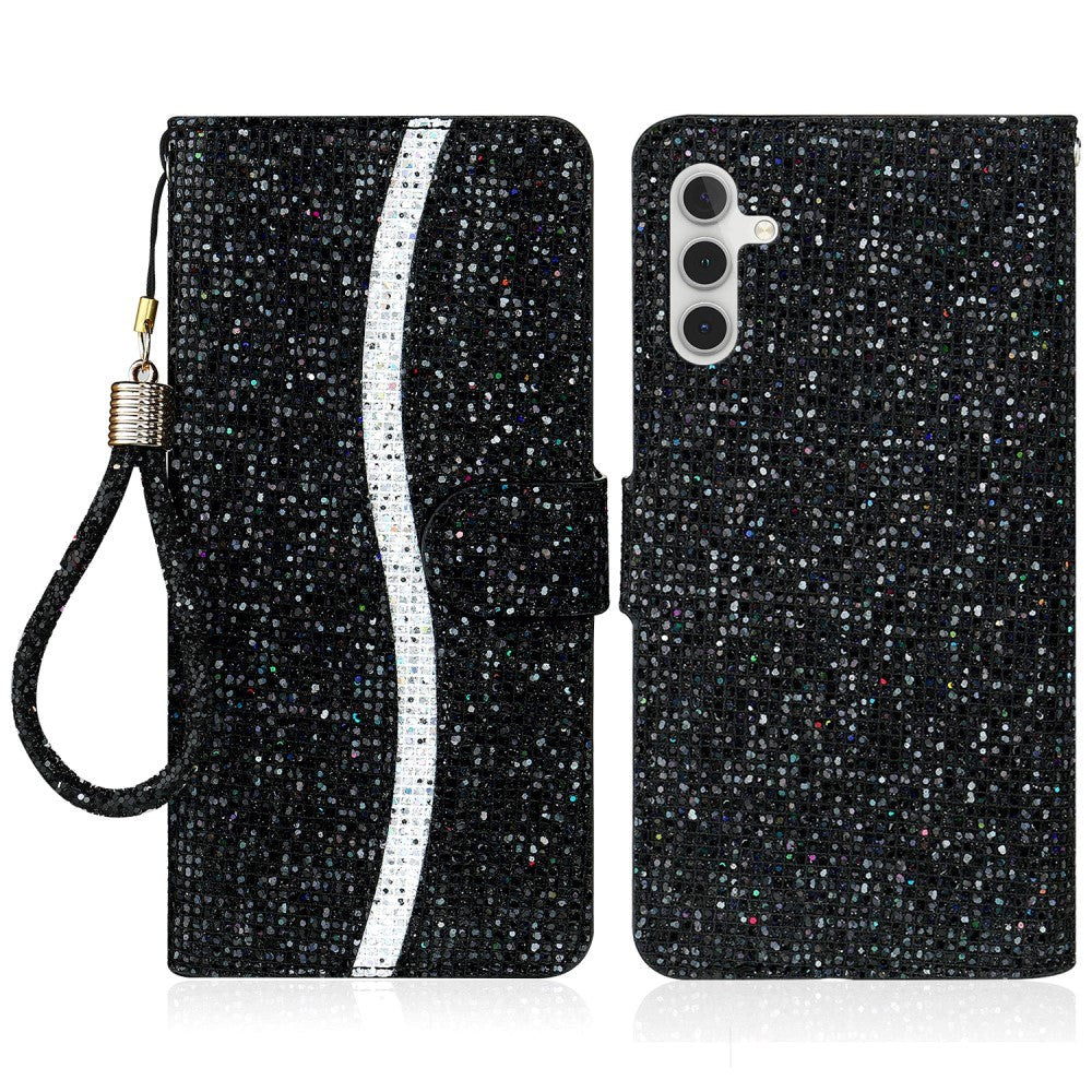 Samsung Galaxy A24 Læder Flip Cover m. Pung & Strop - Glitter Design - Sort